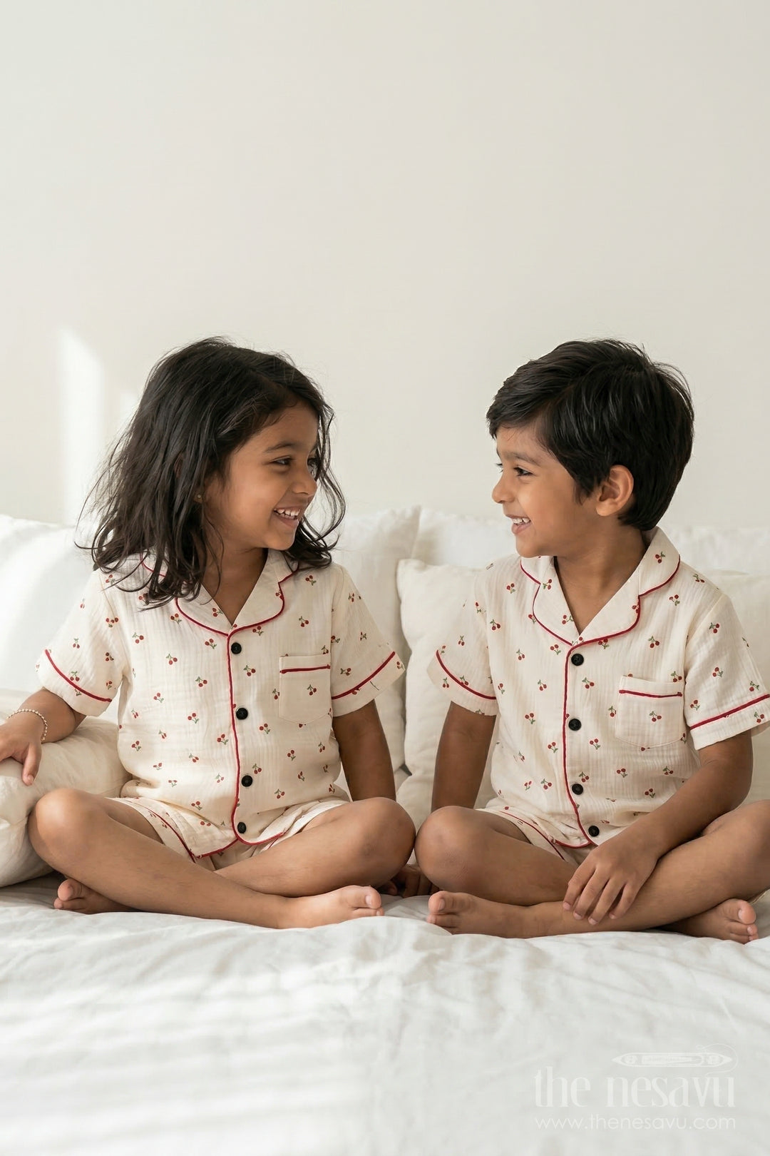 The Nesavu Night Dress Unisex Kids Cotton Night Suit for Daily Sleep and Lounge Wear Nesavu 16 (1Y) / Cream / Muslin Cotton NS052B-16 Nesavu Unisex Kids Muslin Cotton Night Suit With Cherry Print For Summer Sleepwear