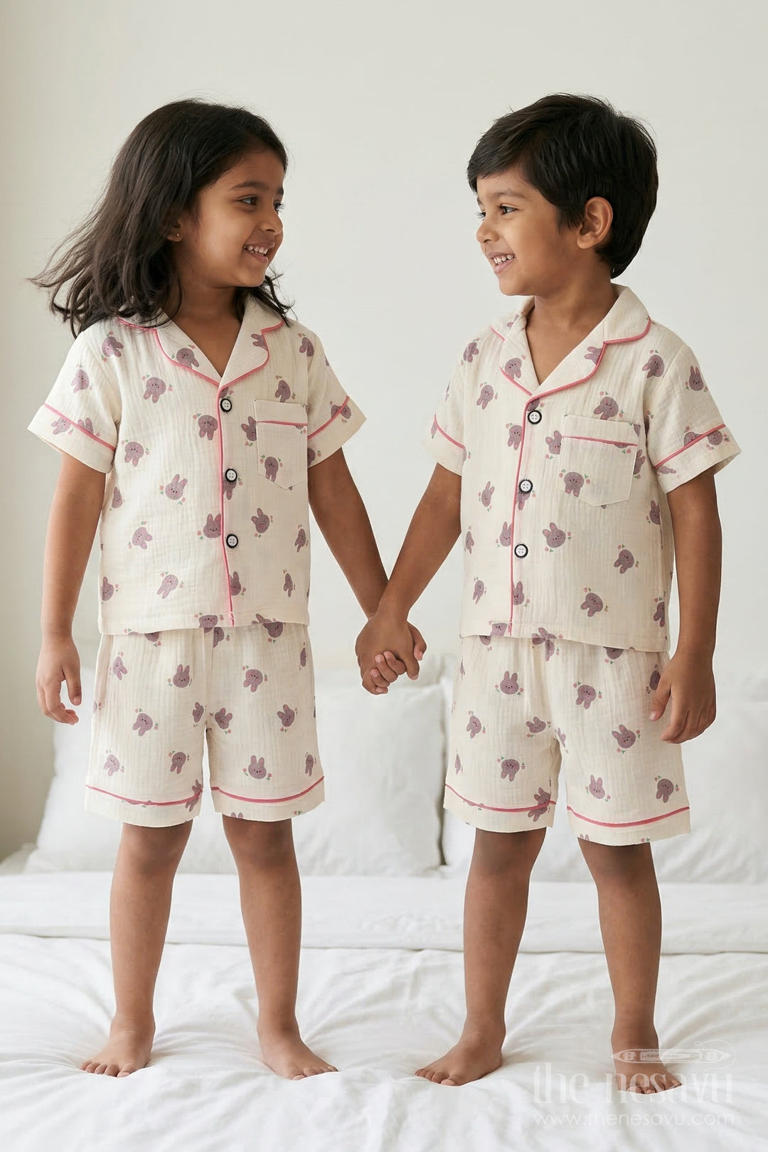 The Nesavu Night Dress Unisex Kids Cotton Night Suit with Bunny Print for Bedtime Nesavu 16 (1Y) / Cream / Muslin Cotton NS054A-16 Nesavu Unisex Kids Muslin Cotton Bunny Print Night Suit For Comfortable Sleepwear