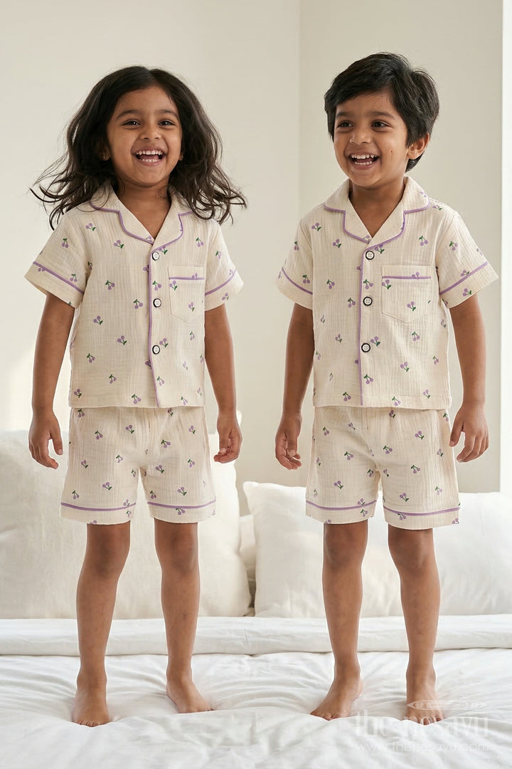 The Nesavu Night Dress Unisex Kids Cotton Night Suit with Cherry Print for Bedtime Comfort Nesavu 16 (1Y) / Cream / Muslin Cotton NS052A-16 Nesavu Unisex Kids Muslin Cotton Cherry Print Night Suit For Everyday Sleepwear