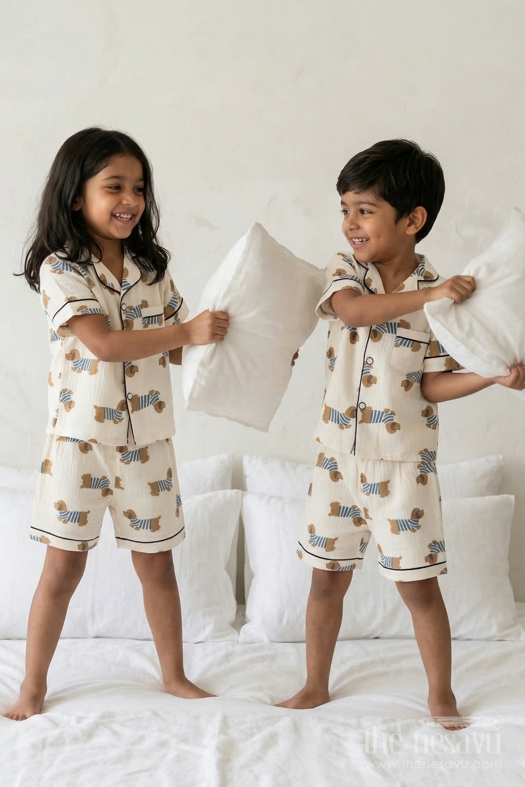 The Nesavu Night Dress Unisex Kids Cotton Night Suit with Dog Print for Cozy Sleep Nesavu 16 (1Y) / Cream / Muslin Cotton NS055A-16 Nesavu Unisex Kids Muslin Cotton Dog Print Night Suit For Comfortable Summer Sleepwear