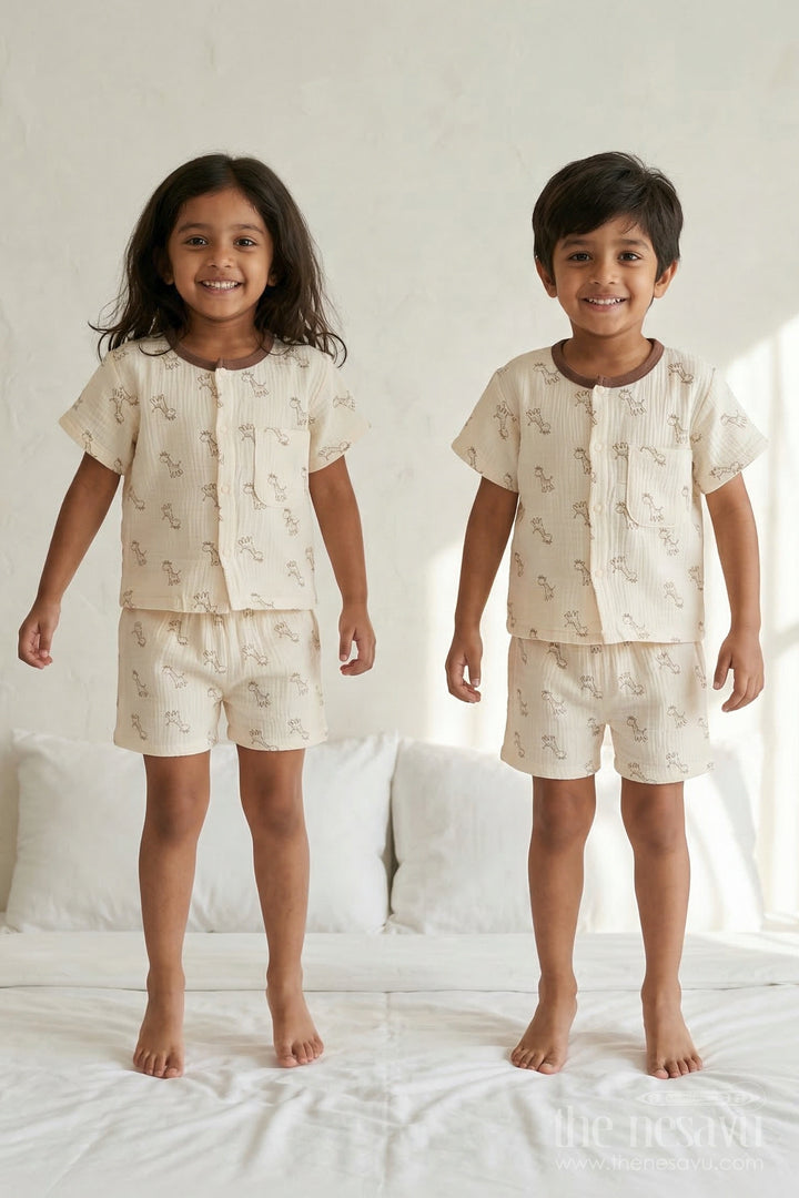The Nesavu Night Dress Unisex Kids Cotton Night Suit with Giraffe Print for Comfortable Sleep Nesavu 10 (NB) / Half white / Muslin Cotton NS059A-10 Nesavu Unisex Kids Muslin Cotton Giraffe Print Night Suit For Breathable Sleepwear