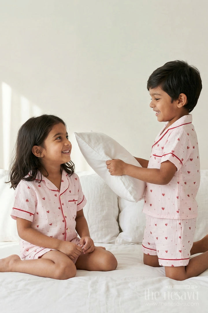 The Nesavu Night Dress Unisex Kids Cotton Night Suit with Heart Print for Bedtime Comfort Nesavu 16 (1Y) / Half white / Muslin Cotton NS058A-16 Nesavu Kids Unisex Muslin Cotton Heart Print Night Suit For Everyday Summer Sleepwear
