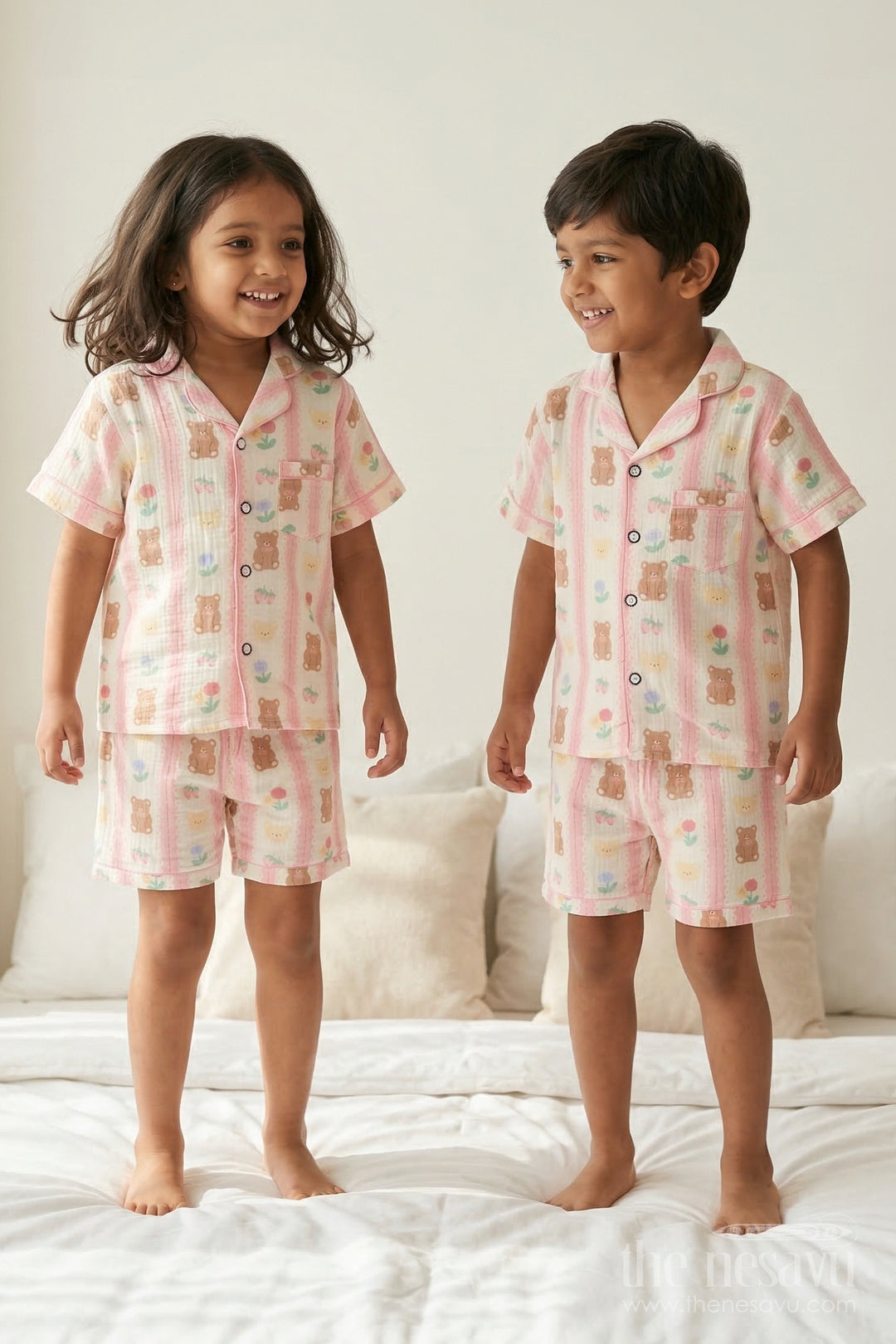 The Nesavu Night Dress Unisex Kids Cotton Night Suit with Teddy Print for Bedtime Comfort Nesavu 16 (1Y) / Multicolor / Muslin Cotton NS056A-16 Nesavu Kids Muslin Cotton Teddy Print Night Suit For Everyday Sleepwear
