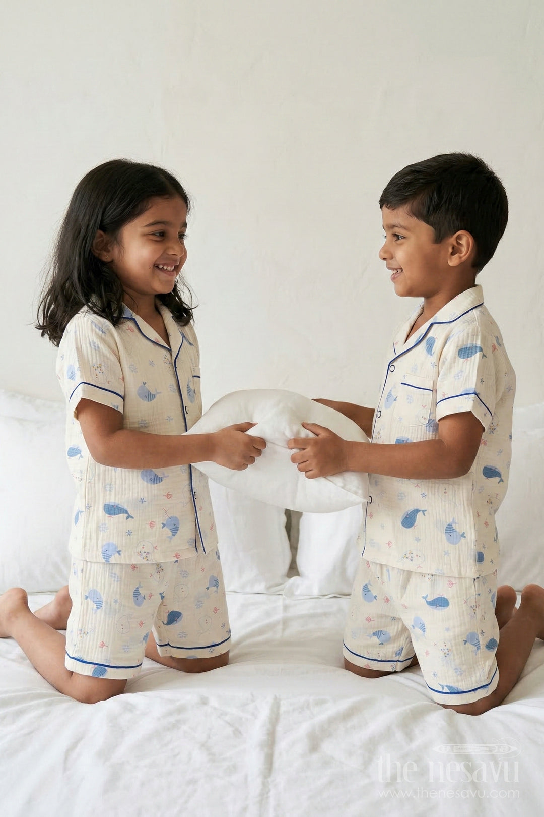 The Nesavu Night Dress Unisex Kids Cotton Night Suit with Whale Print for Summer Nights Nesavu 16 (1Y) / Multicolor / Muslin Cotton NS057A-16 Nesavu Unisex Kids Muslin Cotton Whale Print Night Suit For Comfortable Sleepwear