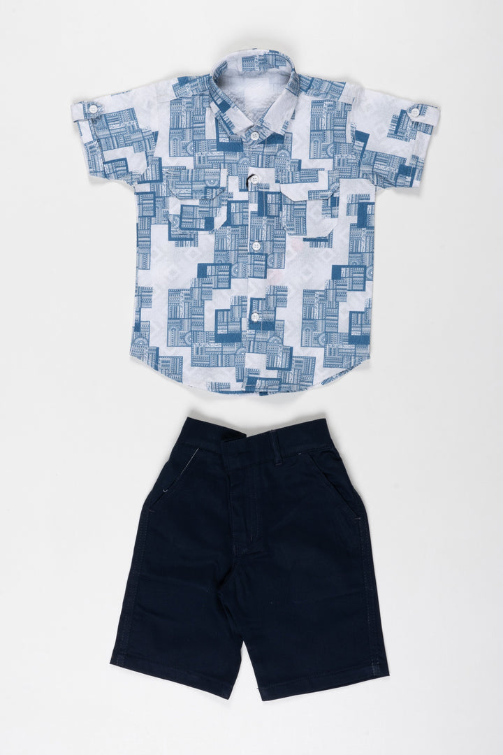 The Nesavu Boys Casual Set Urban Architect Boys Printed Shirt and Shorts Set Nesavu 18 (2Y) / Blue / Popcorn Polysilk BCS015A-18 Boys Architectural Print Shirt  Black Shorts | Modern Casual Kids Wear | The Nesavu