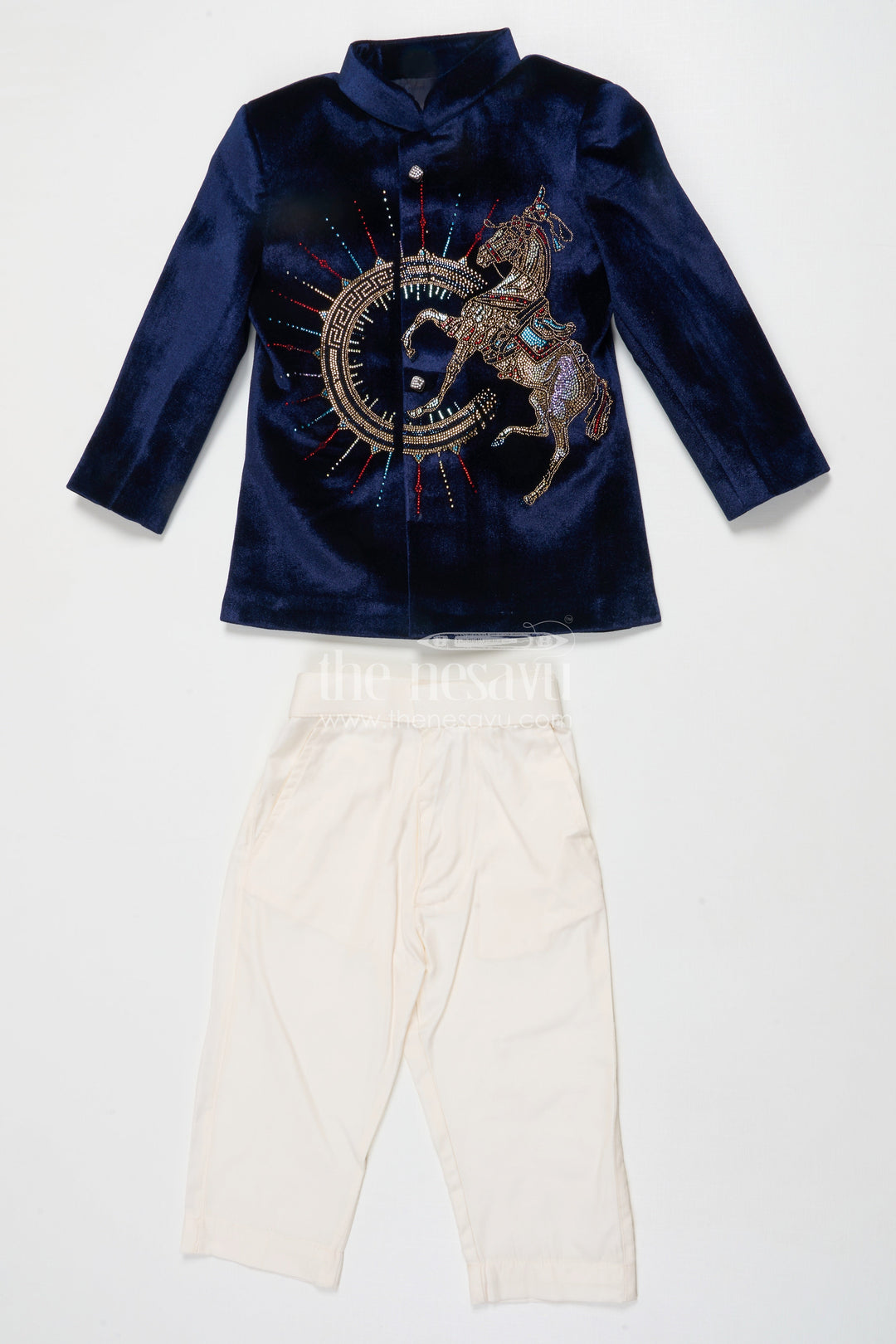 The Nesavu Boys Jacket Sets Velvet Embroidered Jacket Set for Boys for Poojas and Winter Celebrations Nesavu 16 (1Y) / Blue BES862A-16 Nesavu boys velvet jacket kurta set with gold embroidery for weddings and festive evening functions