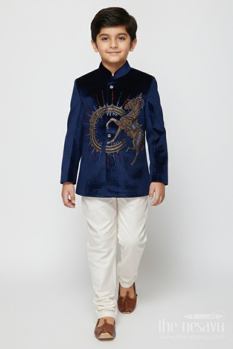 The Nesavu Boys Jacket Sets Velvet Embroidered Jacket Set for Boys for Poojas and Winter Celebrations Nesavu 16 (1Y) / Blue BES862A-16 Nesavu boys velvet jacket kurta set with gold embroidery for weddings and festive evening functions