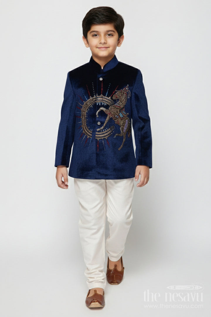 The Nesavu Boys Jacket Sets Velvet Embroidered Jacket Set for Boys for Poojas and Winter Celebrations Nesavu 16 (1Y) / Blue BES862A-16 Nesavu boys velvet jacket kurta set with gold embroidery for weddings and festive evening functions