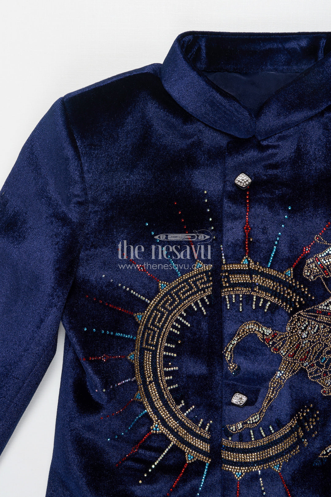 The Nesavu Boys Jacket Sets Velvet Embroidered Jacket Set for Boys for Poojas and Winter Celebrations Nesavu Nesavu boys velvet jacket kurta set with gold embroidery for weddings and festive evening functions