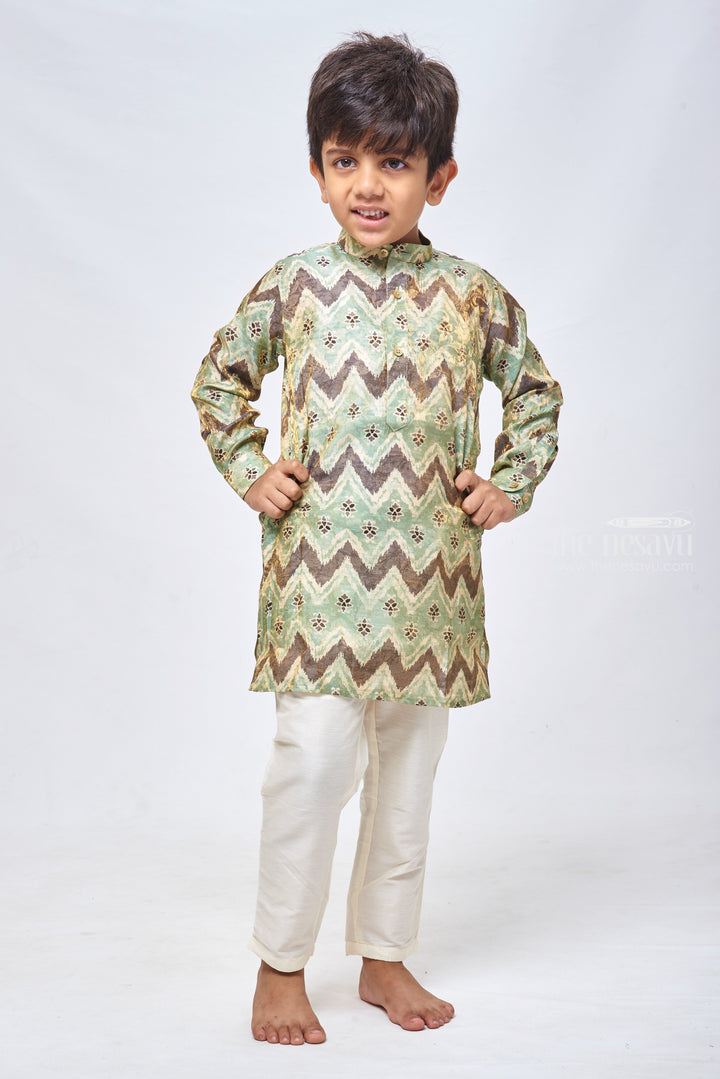 The Nesavu Boys Kurtha Set Verdant Splendor: Green Poochampalli Ikat Mandarin Collar Kurta & Pant Nesavu 12 (3M) / Green / Viscose BES367B-12 Boys Kurta With Matching Pant | Traditional Kurta Set | the Nesavu