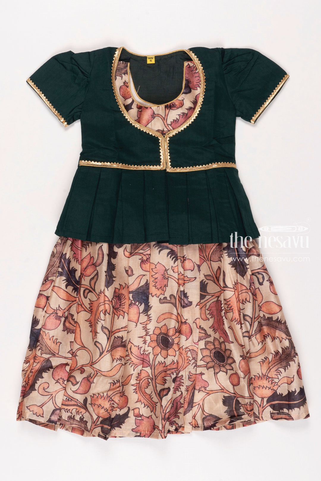 The Nesavu Girls Silk Gown Verdant Vogue: Green Silk Anarkali Dress with Floral Skirt for Girls Nesavu 16 (1Y) / Green / Chanderi GA189B-16 Girls Emerald Silk Anarkali Dress with Floral Skirt | The Nesavu