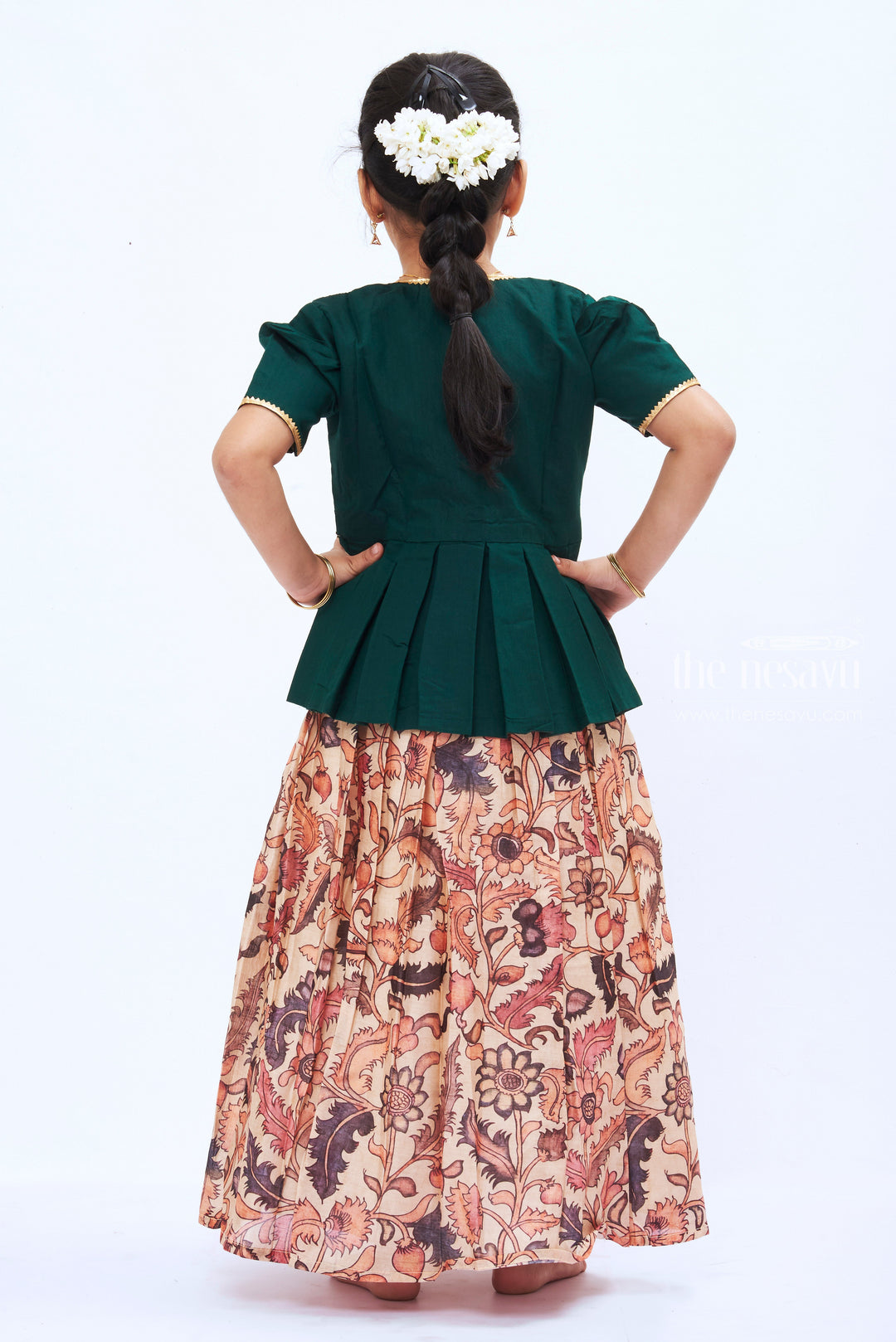 The Nesavu Girls Silk Gown Verdant Vogue: Green Silk Anarkali Dress with Floral Skirt for Girls Nesavu Girls Emerald Silk Anarkali Dress with Floral Skirt | The Nesavu