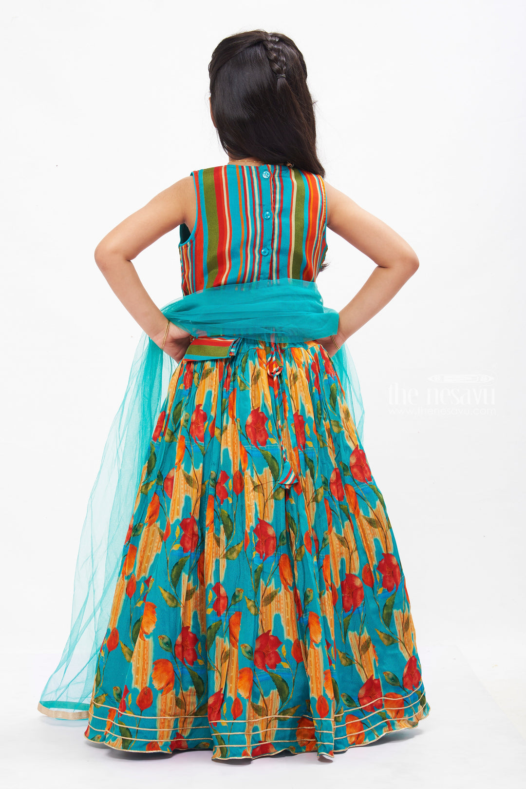 The Nesavu Girls Lehenga Choli Vibrant Blossom Lehenga Set for Girls with Striped Choli Nesavu Floral Print Girls Lehenga with Striped Choli | Festive Kids Wear Collection | The Nesavu
