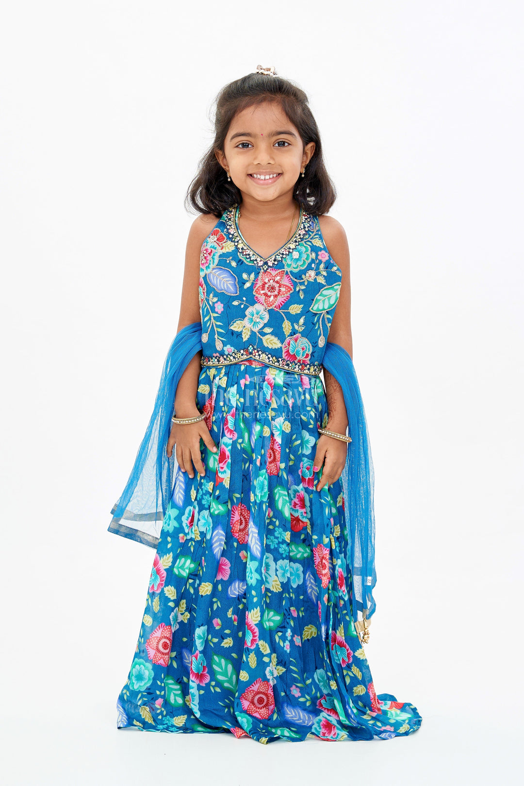 The Nesavu Girls Lehenga Choli Vibrant Blue and Pink Lehenga for Girls with Chinon Digital Printed Silk and Mirror Work Nesavu Nesavu Vibrant Blue Pink Lehenga Girls Chinon Digital Printed Silk Mirror Work