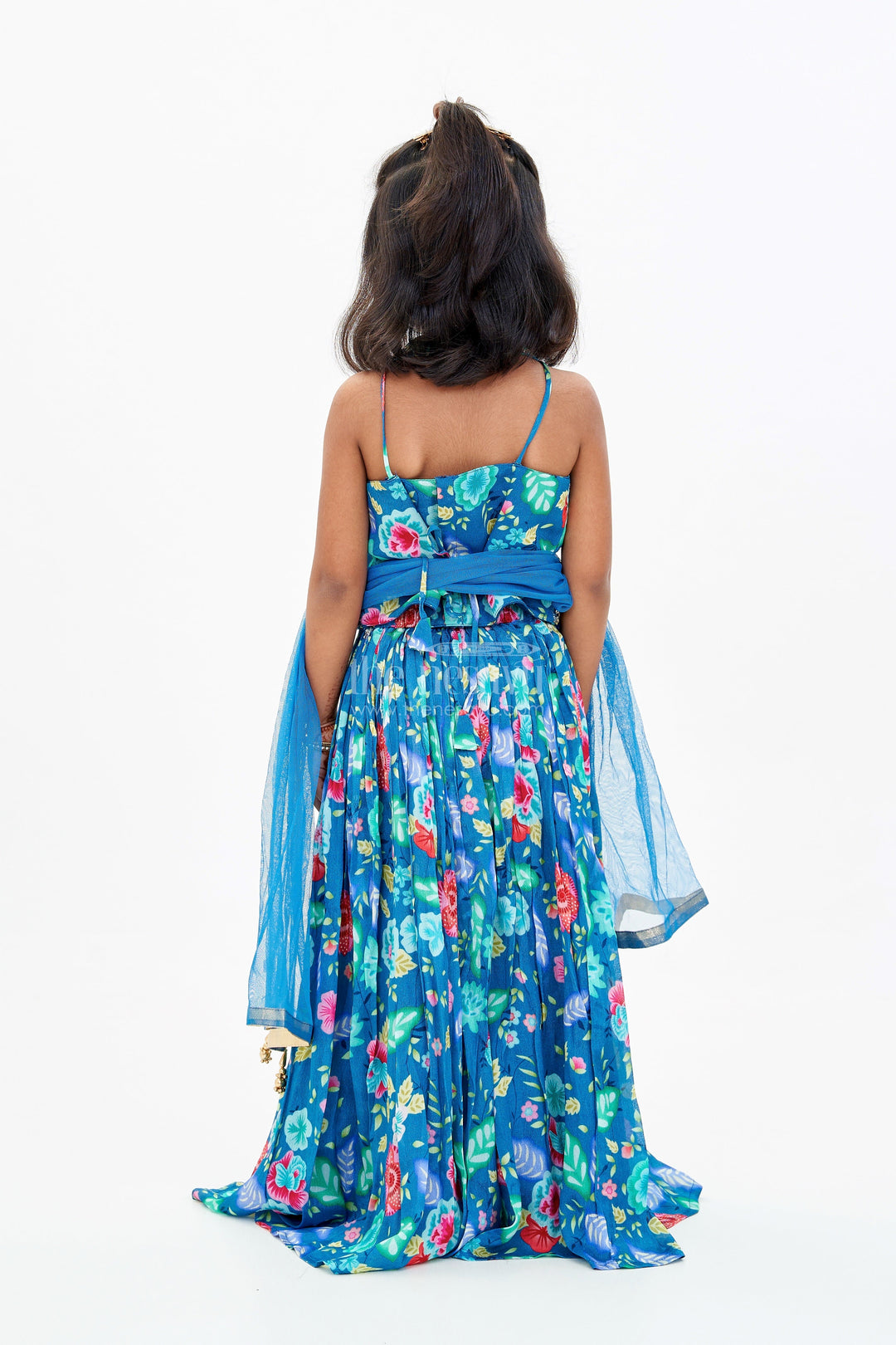 The Nesavu Girls Lehenga Choli Vibrant Blue and Pink Lehenga for Girls with Chinon Digital Printed Silk and Mirror Work Nesavu Nesavu Vibrant Blue Pink Lehenga Girls Chinon Digital Printed Silk Mirror Work
