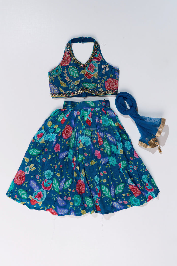 The Nesavu Girls Lehenga Choli Vibrant Blue and Pink Lehenga for Girls with Chinon Digital Printed Silk and Mirror Work Nesavu Nesavu Vibrant Blue Pink Lehenga Girls Chinon Digital Printed Silk Mirror Work