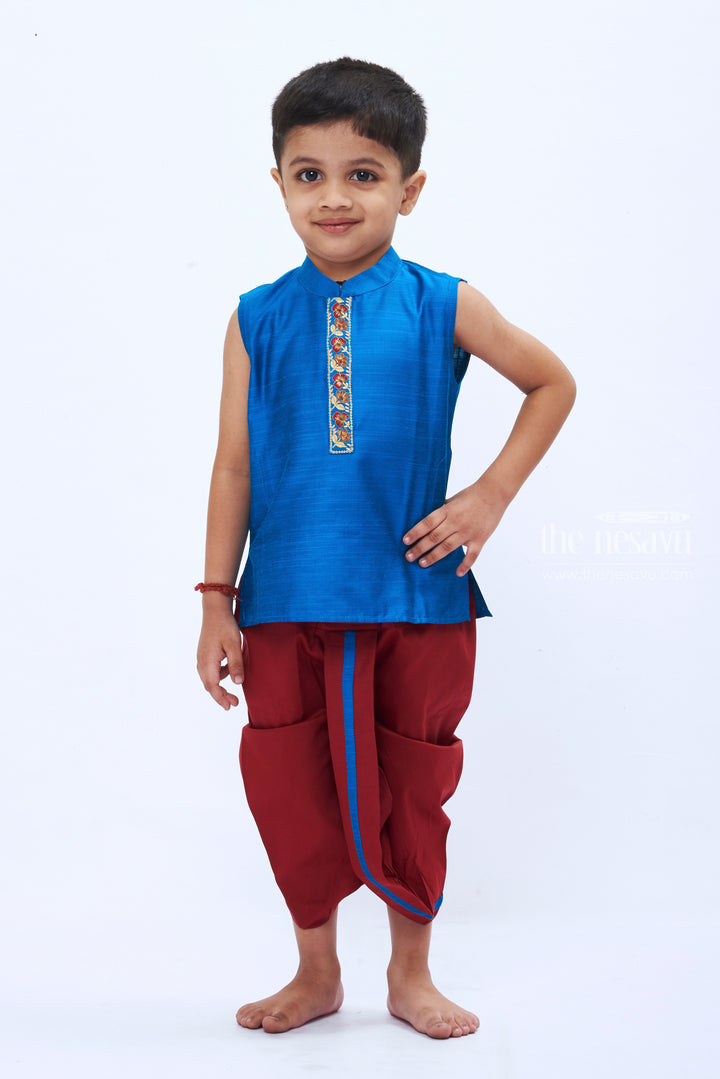 The Nesavu Boys Dothi Set Vibrant Blue Kurta and Maroon Dhoti Set for Boys - Traditional Panchagajam Collection Nesavu 12 (3M) / Blue / Silk Blend BES476C-12 Boys' Vibrant Blue & Maroon Dhoti Set | Classic Panchagajam Outfit | The Nesavu