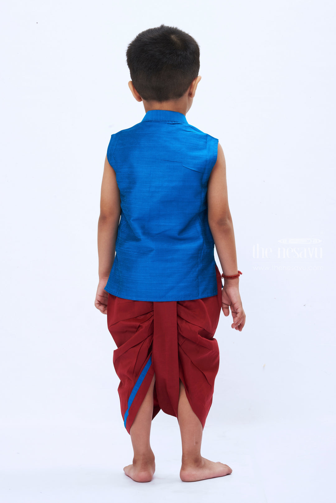 The Nesavu Boys Dothi Set Vibrant Blue Kurta and Maroon Dhoti Set for Boys - Traditional Panchagajam Collection Nesavu Boys' Vibrant Blue & Maroon Dhoti Set | Classic Panchagajam Outfit | The Nesavu