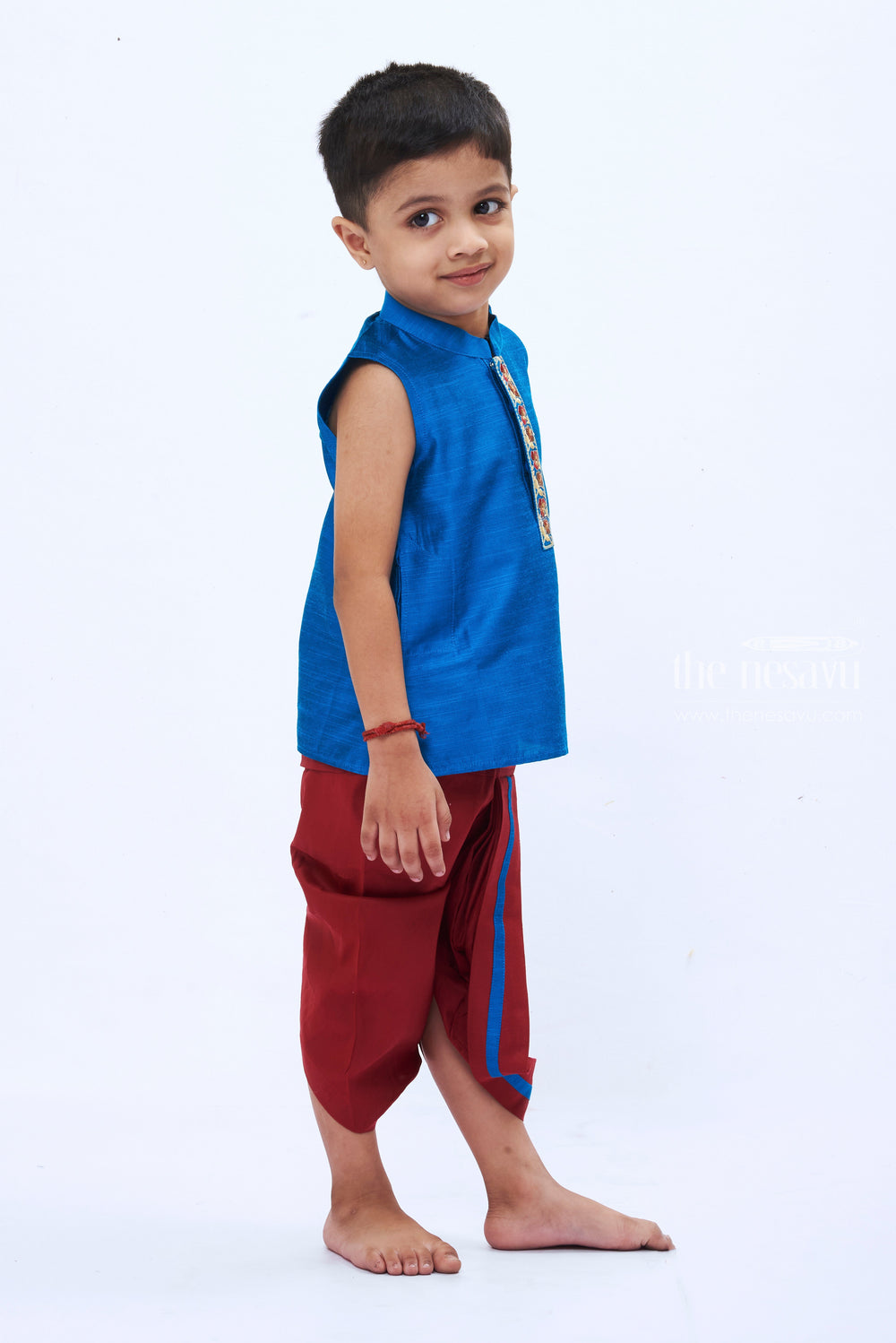 The Nesavu Boys Dothi Set Vibrant Blue Kurta and Maroon Dhoti Set for Boys - Traditional Panchagajam Collection Nesavu Boys' Vibrant Blue & Maroon Dhoti Set | Classic Panchagajam Outfit | The Nesavu