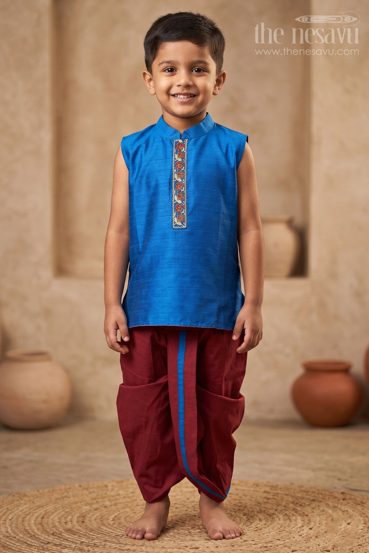 The Nesavu Boys Dothi Set Vibrant Blue Kurta and Maroon Dhoti Set for Boystraditional Panchagajam Collection Nesavu 12 (3M) / Blue / Silk Blend BES476C-12 Boys Vibrant Blue &amp; Maroon Dhoti Set | The Nesavu