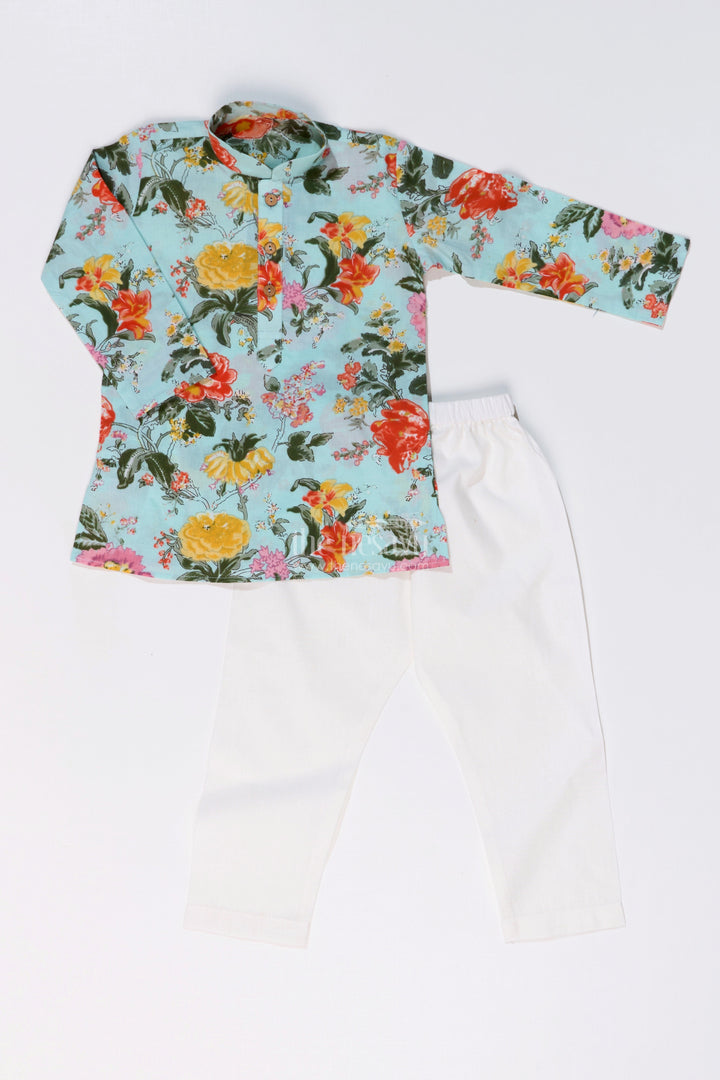 The Nesavu Boys Kurtha Set Vibrant Boys Cotton Kurta Set with Floral Digital Print for Festive Elegance Nesavu 14 (6M) / Green BES657A-14 Nesavu Boys Cotton Kurta Set Floral Digital Print White Pants Traditional Wear