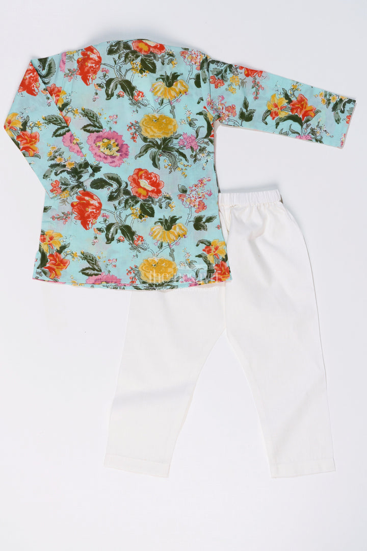 The Nesavu Boys Kurtha Set Vibrant Boys Cotton Kurta Set with Floral Digital Print for Festive Elegance Nesavu Nesavu Boys Cotton Kurta Set Floral Digital Print White Pants Traditional Wear
