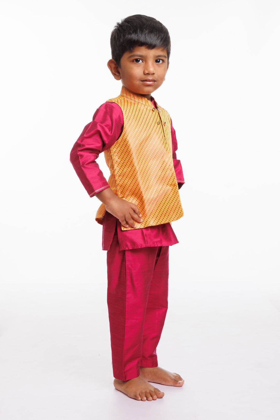 The Nesavu Boys Jacket Sets Vibrant Boys Kurta Pajama Set with Contrasting Jacket Nesavu Boys Modern Kurta Pajama with Jacket Set | Stylish Ethnic Ensemble | The Nesavu