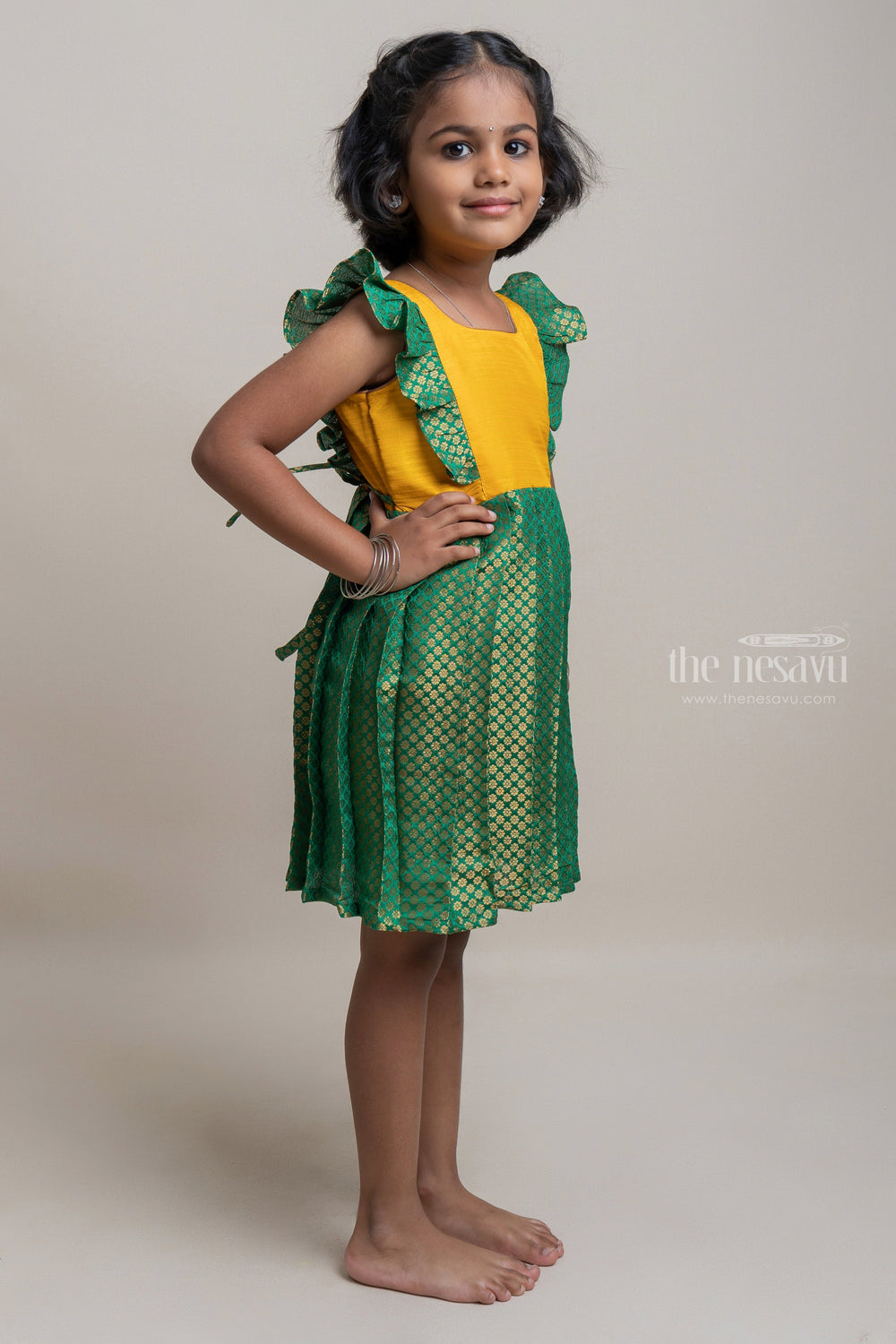 The Nesavu Silk Frock Vibrant Bright Yellow Yoke & Floral Pleated Creation Classic Resham Chic for Girls. Nesavu Ethnic Silk Frock For Girls | Premium Silk Frock | The Nesavu