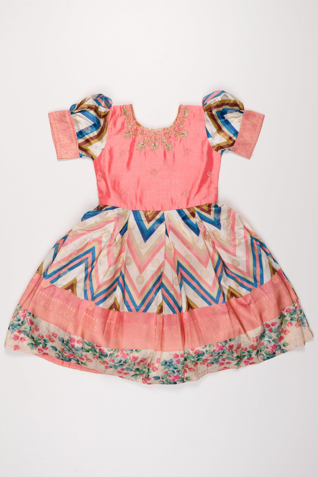 The Nesavu Silk Party Frock Vibrant Chevron and Floral Embroidered Frock with Pink Accents for Girls Nesavu 16 (1Y) / Pink SF735A-16 Girls Embroidered Chevron Frock | Festive Wear for Young Fashionistas | The Nesavu
