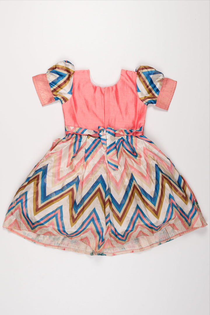 The Nesavu Silk Party Frock Vibrant Chevron and Floral Embroidered Frock with Pink Accents for Girls Nesavu Girls Embroidered Chevron Frock | Festive Wear for Young Fashionistas | The Nesavu