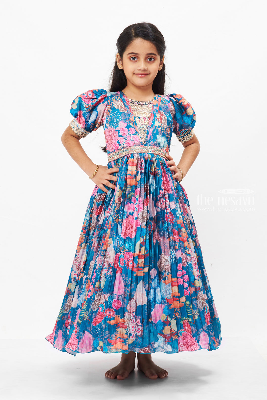 The Nesavu Girls Party Gown Vibrant Floral Anarkali Gown for Girls - Festive and Party Wear Collection Nesavu 24 (5Y) / Blue / Chinnon GA208A-24 Traditional Floral Anarkali Gown for Girls | Festive Long Dress Online | The Nesavu