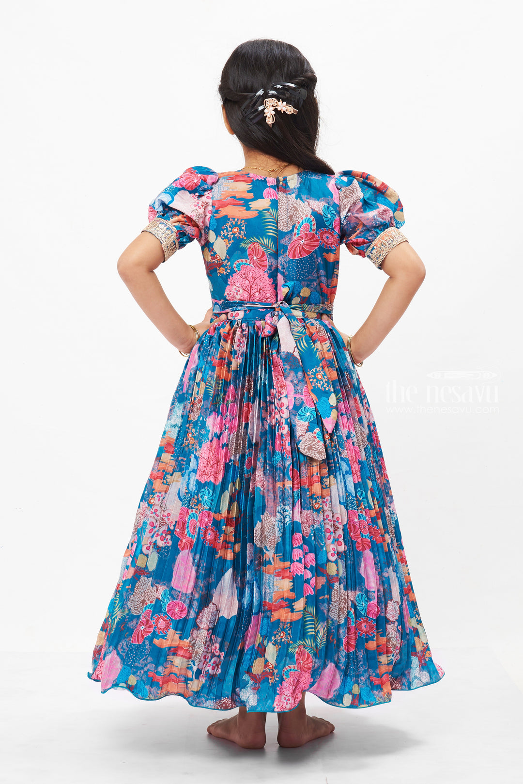 The Nesavu Girls Party Gown Vibrant Floral Anarkali Gown for Girls - Festive and Party Wear Collection Nesavu Traditional Floral Anarkali Gown for Girls | Festive Long Dress Online | The Nesavu