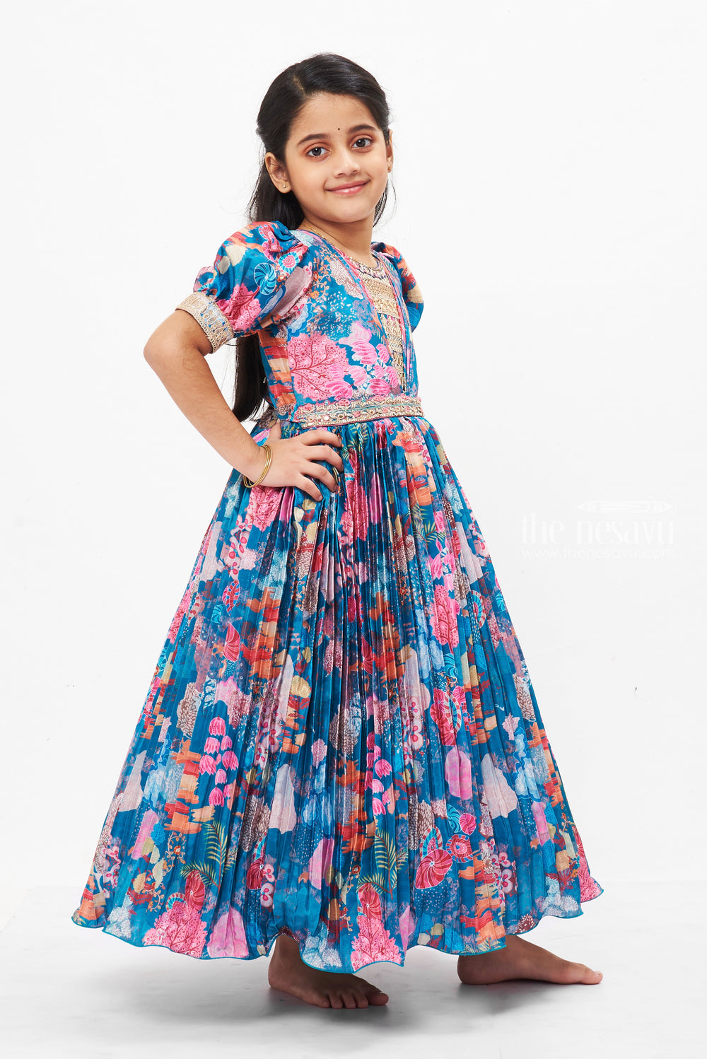 The Nesavu Girls Party Gown Vibrant Floral Anarkali Gown for Girls - Festive and Party Wear Collection Nesavu Traditional Floral Anarkali Gown for Girls | Festive Long Dress Online | The Nesavu