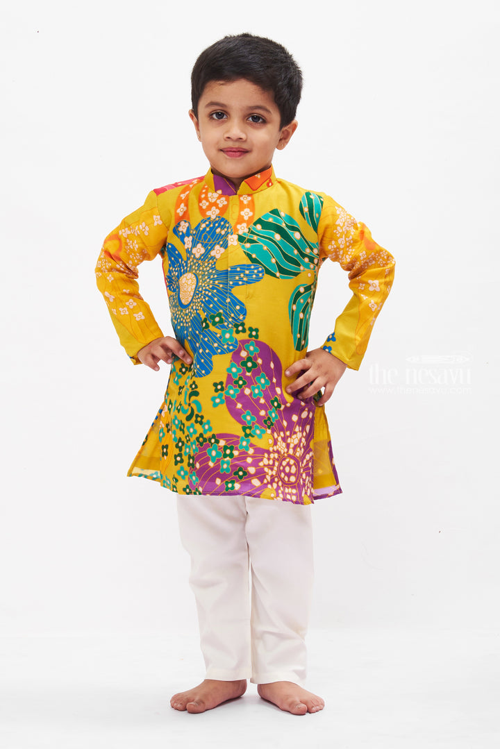 The Nesavu Boys Kurtha Set Vibrant Floral Boys Kurta with Pant Set - Colorful Tradition for Joyful Occasions Nesavu 16 (1Y) / Yellow BES504A-16 Boys Floral Print Kurta Set | Unique Festive Wear | Cheerful Patterns | The Nesavu