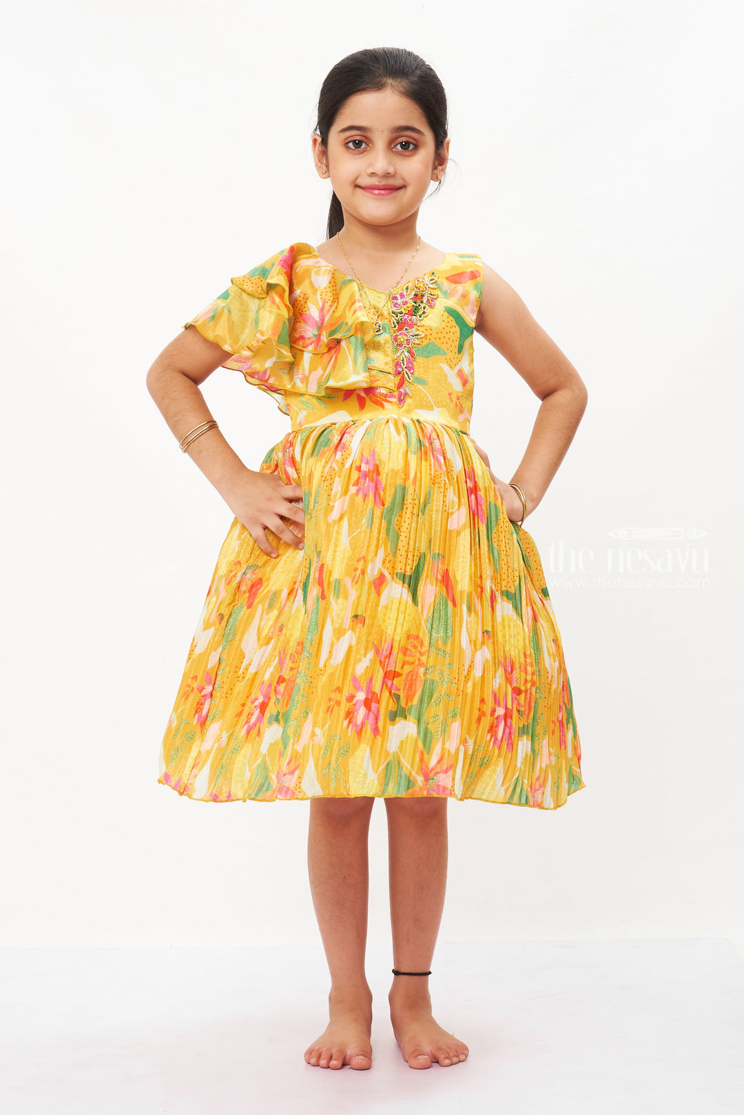 The Nesavu Silk Party Frock Vibrant Floral Girls Silk Party Frock-A Festive Ensemble for Ugadi and Eid Nesavu 16 (1Y) / Yellow / Chinnon SF749A-16 Traditional Pattu-Inspired Girls Silk Party Dress | Festive Occasion Wear for Kids | The Nesavu