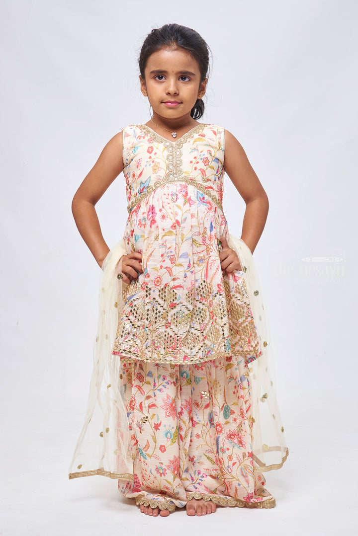 The Nesavu Girls Sharara / Plazo Set Vibrant Floral & Mirror Embroidered Yellow Kurti with Stylish Gharara for Girls. Nesavu 18 (2Y) / Yellow / Georgette GPS188B-18 Festive Flair: Girls Sequined Kurti with Gharara | Celebration Wear | The Nesavu