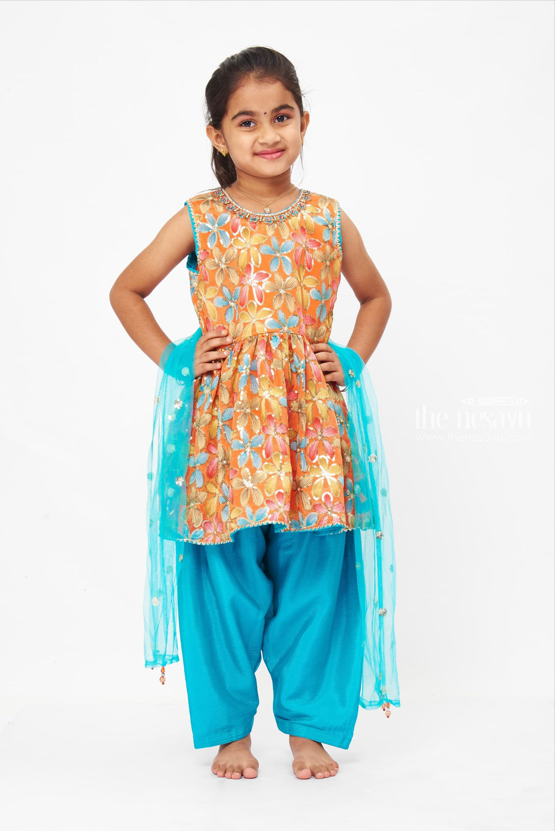 The Nesavu Girls Sharara / Plazo Set Vibrant Floral Peplum Top with Teal Dhoti Pant Set for Girls Nesavu 16 (1Y) / Orange / Georgette GPS242A-16 Girls Vibrant Floral Peplum Top with Teal Dhoti Pants | Colorful Ethnic Set | The Nesavu