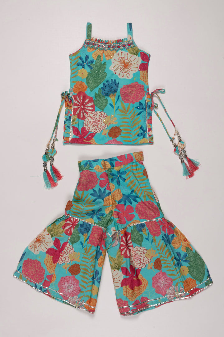 The Nesavu Girls Sharara / Plazo Set Vibrant Floral Printed Tie-Up Shoulder Kurti with Gharara Pant Set for Girls Nesavu 16 (1Y) / Green GPS273A-16 Girls Floral Tie-Up Kurti & Gharara Set | Colorful & Festive Outfit | The Nesavu