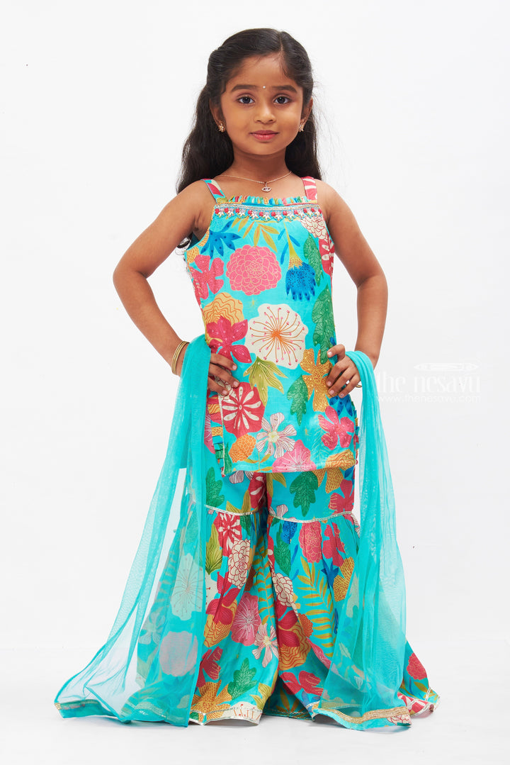 The Nesavu Girls Sharara / Plazo Set Vibrant Floral Printed Tie-Up Shoulder Kurti with Gharara Pant Set for Girls Nesavu 16 (1Y) / Green GPS273A-16 Girls Floral Tie-Up Kurti & Gharara Set | Colorful & Festive Outfit | The Nesavu