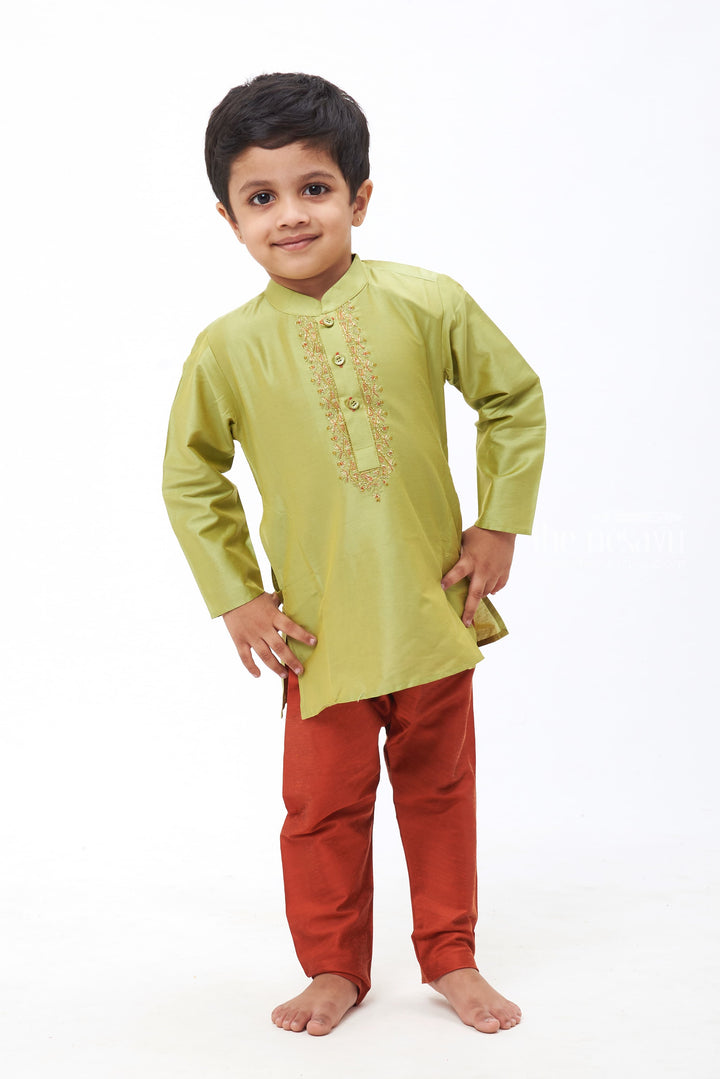 The Nesavu Boys Kurtha Set Vibrant Fusion: Boys Green Kurta with Embellished Detail & Maroon Pant Set Nesavu 14 (6M) / Green / Blend Silk BES426B-14 Festive and Fabulous | Latest Boys Kurta and Pant Sets | The Nesavu