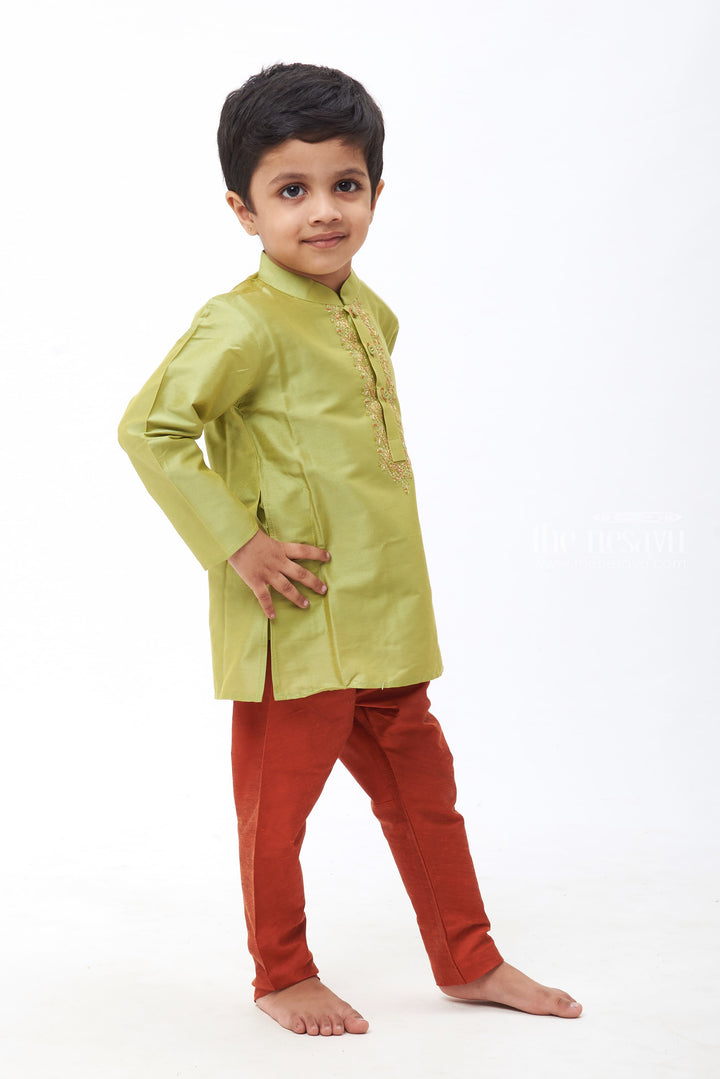 The Nesavu Boys Kurtha Set Vibrant Fusion: Boys Green Kurta with Embellished Detail & Maroon Pant Set Nesavu Festive and Fabulous | Latest Boys Kurta and Pant Sets | The Nesavu