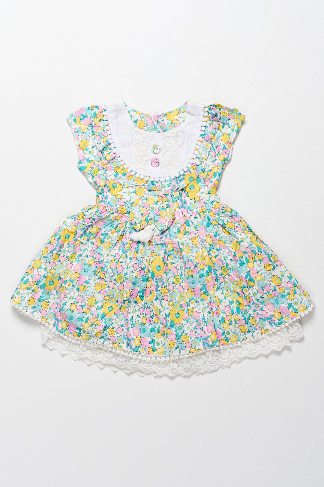 The Nesavu Girls Cotton Frock Vibrant Girls Cotton Frock with Multicolor Floral Print and Lace Hem – Frock for Reception Nesavu 12 (3M) / Multicolor GFC1483A-12 Nesavu Girls Cotton Frock Multicolor Floral Print Lace Trim  Ideal Frock Reception