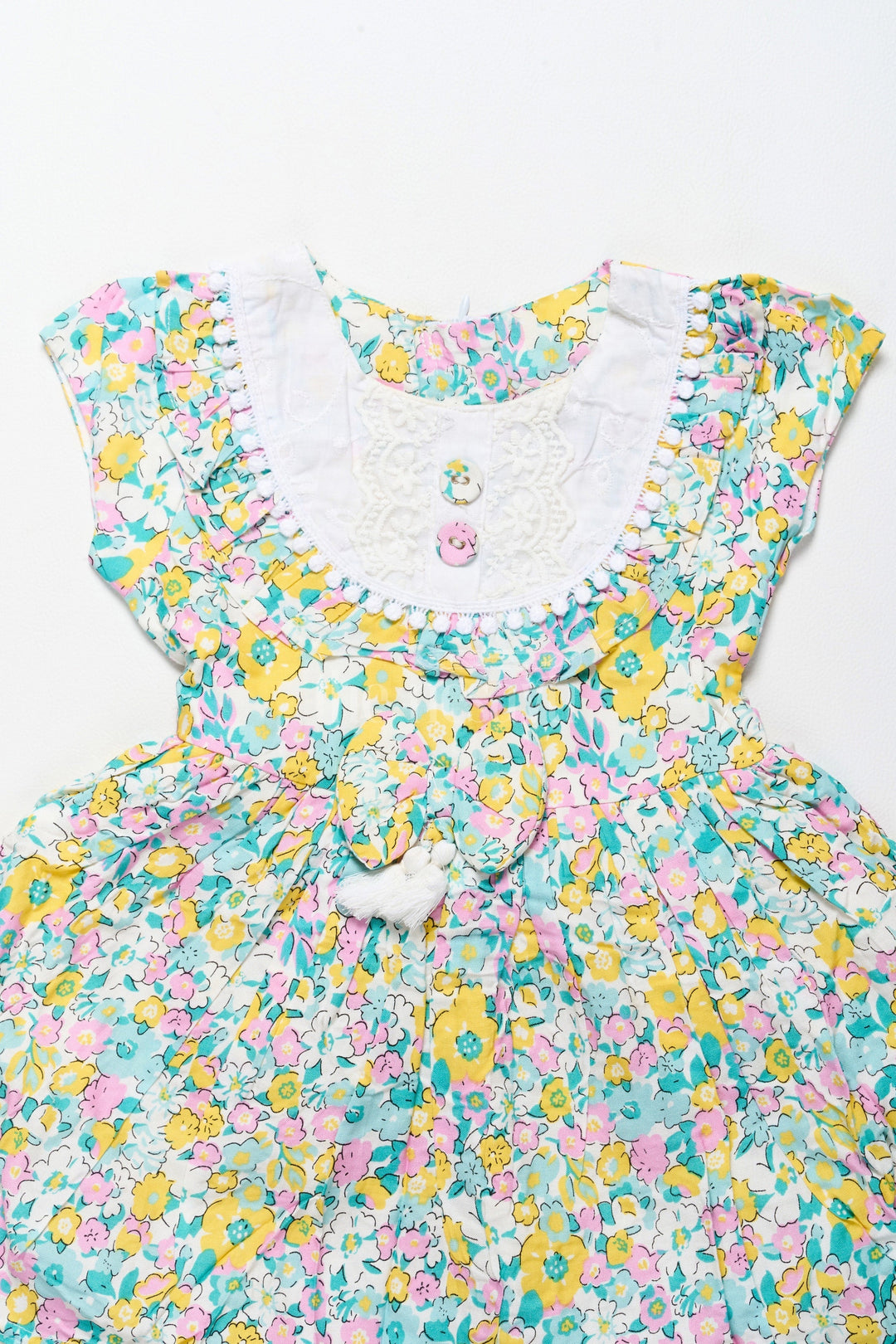 The Nesavu Girls Cotton Frock Vibrant Girls Cotton Frock with Multicolor Floral Print and Lace Hem – Frock for Reception Nesavu Nesavu Girls Cotton Frock Multicolor Floral Print Lace Trim  Ideal Frock Reception