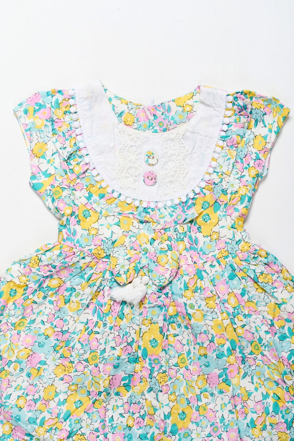 The Nesavu Girls Cotton Frock Vibrant Girls Cotton Frock with Multicolor Floral Print and Lace Hem – Frock for Reception Nesavu Nesavu Girls Cotton Frock Multicolor Floral Print Lace Trim  Ideal Frock Reception