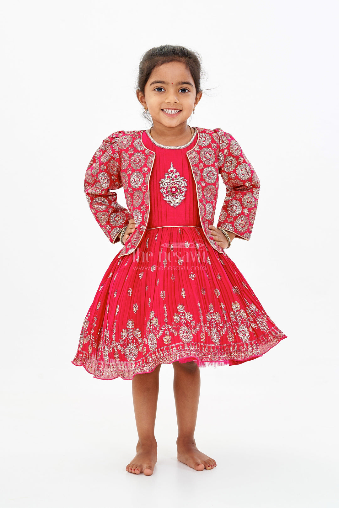 The Nesavu Silk Frock Vibrant Girls Red Silk Dress with Gold Foil Prints and Traditional Embroidery Nesavu 18 (2Y) / Pink SF979A-18 Nesavu Girls Red Silk Dress Gold Foil Prints Embroidered Yoke Festive Wear
