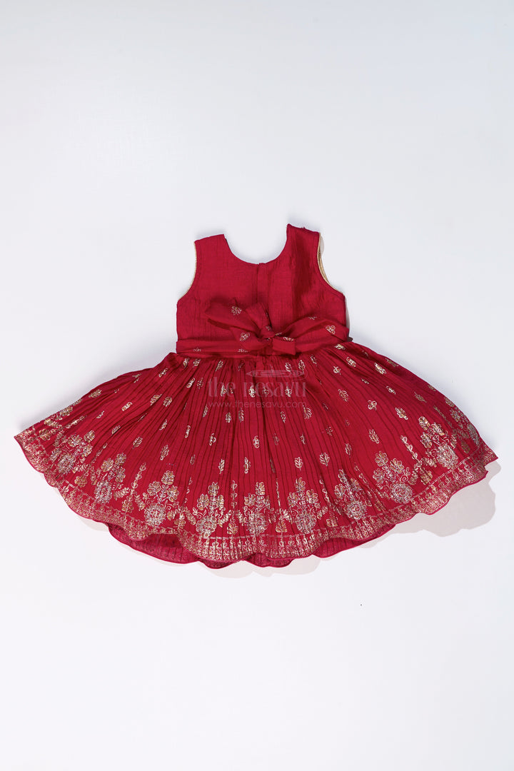 The Nesavu Silk Frock Vibrant Girls Red Silk Dress with Gold Foil Prints and Traditional Embroidery Nesavu Girls Red Silk Dress Gold Foil Prints Embroidered Yoke Festive Wear | The Nesavu