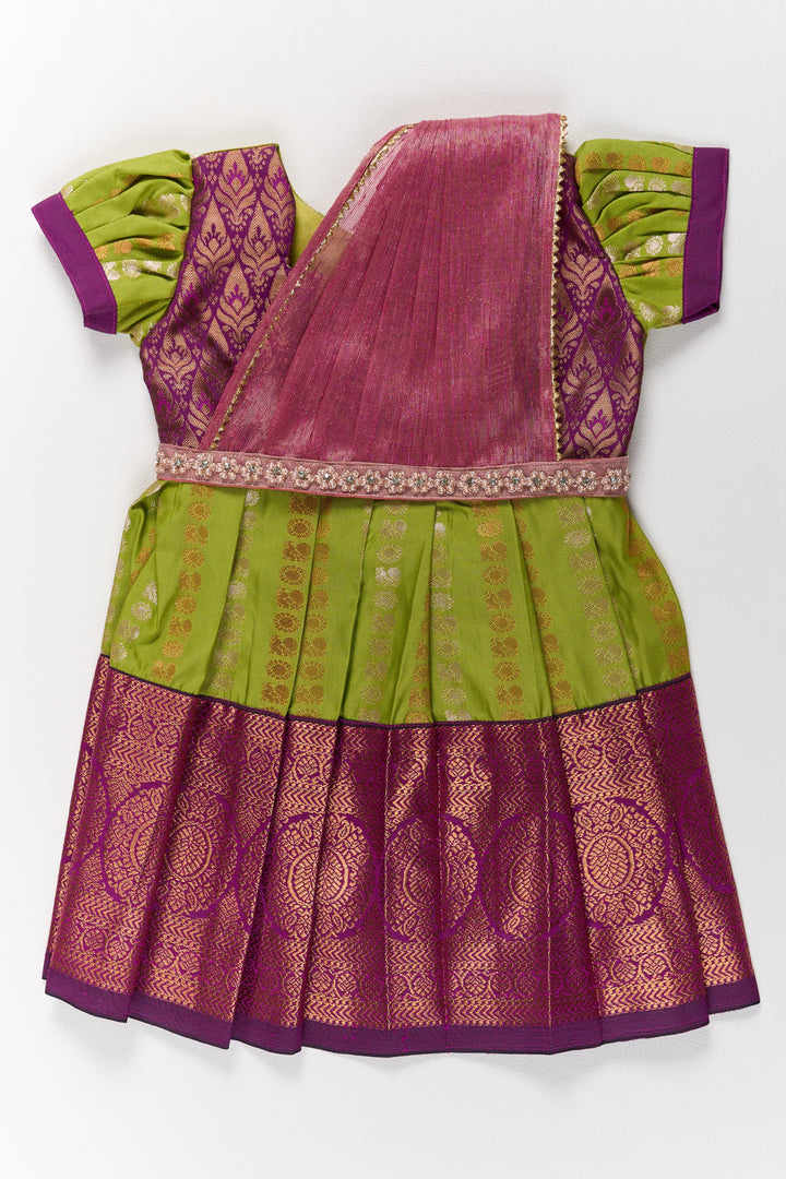The Nesavu Girls Kanchi Silk Frock Vibrant Green and Maroon Infant Pattu Pavadai for Baby Girls with Zari Borders Nesavu 14 (6M) / Green / Style 1 SF844AA-14 Nesavu Vibrant Green Maroon Infant Pattu Pavadai Baby Girls Zari Borders