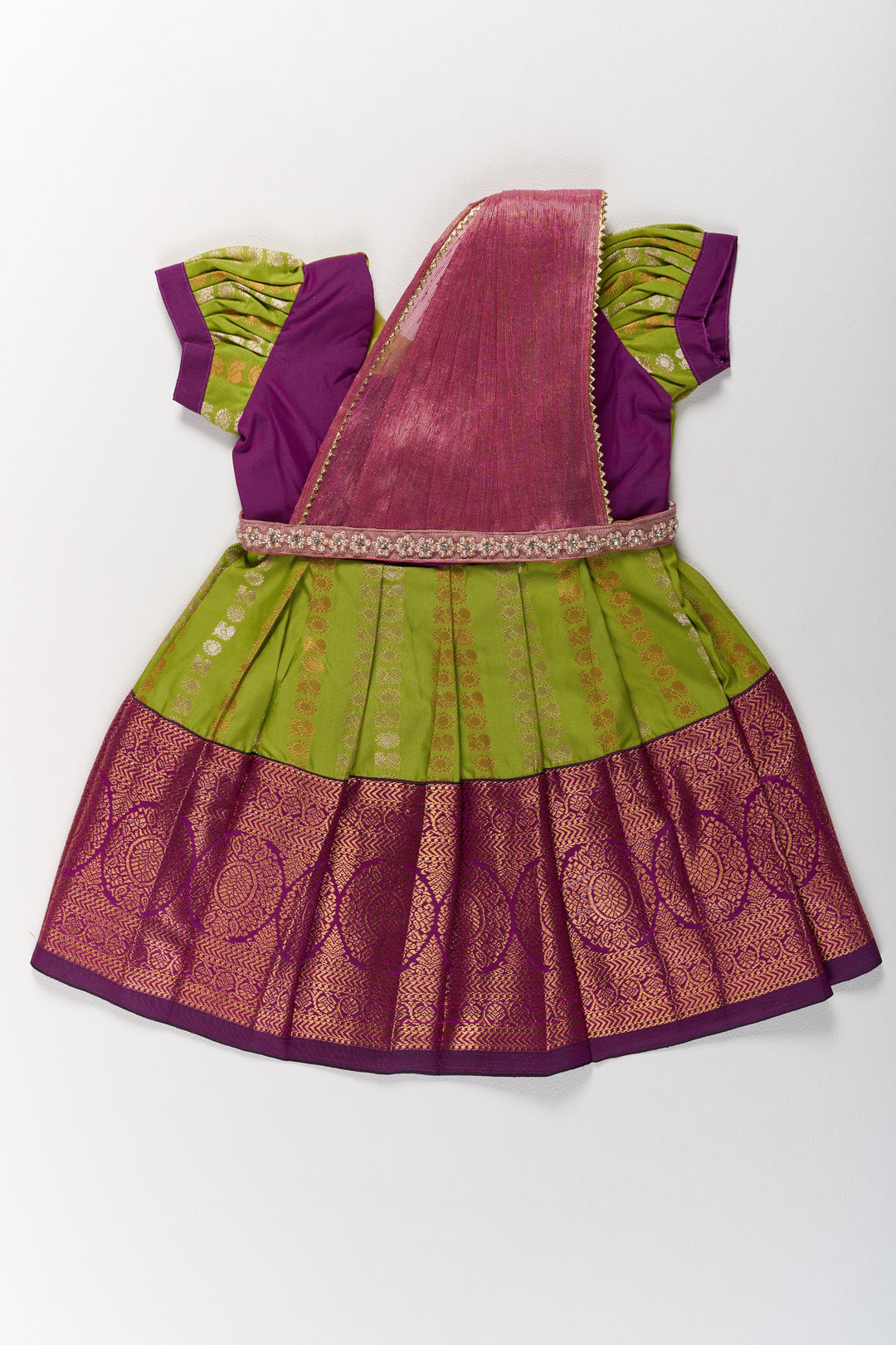 The Nesavu Girls Kanchi Silk Frock Vibrant Green and Maroon Infant Pattu Pavadai for Baby Girls with Zari Borders Nesavu 14 (6M) / Green / Style 3 SF844AC-14 Nesavu Vibrant Green Maroon Infant Pattu Pavadai Baby Girls Zari Borders