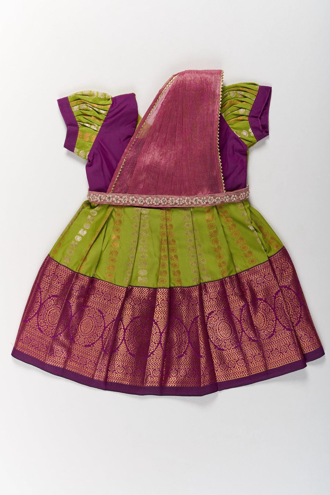 The Nesavu Girls Kanchi Silk Frock Vibrant Green and Maroon Infant Pattu Pavadai for Baby Girls with Zari Borders Nesavu 14 (6M) / Green / Style 3 SF844AC-14 Nesavu Vibrant Green Maroon Infant Pattu Pavadai Baby Girls Zari Borders