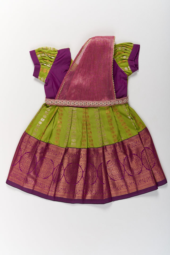 The Nesavu Girls Kanchi Silk Frock Vibrant Green and Maroon Infant Pattu Pavadai for Baby Girls with Zari Borders Nesavu 14 (6M) / Green / Style 3 SF844AC-14 Nesavu Vibrant Green Maroon Infant Pattu Pavadai Baby Girls Zari Borders